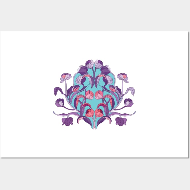 Chinoiserie Motif tulips in lush floral vignette. Plum violet and salmon pink Wall Art by IngaDesign